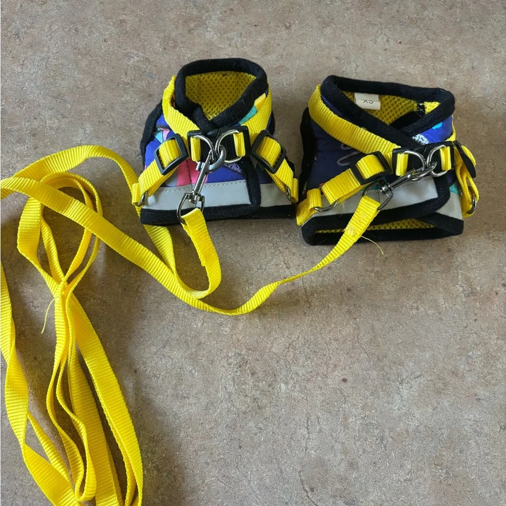 Two Harness and Leash Sets - Black, Yellow, and Multicolor